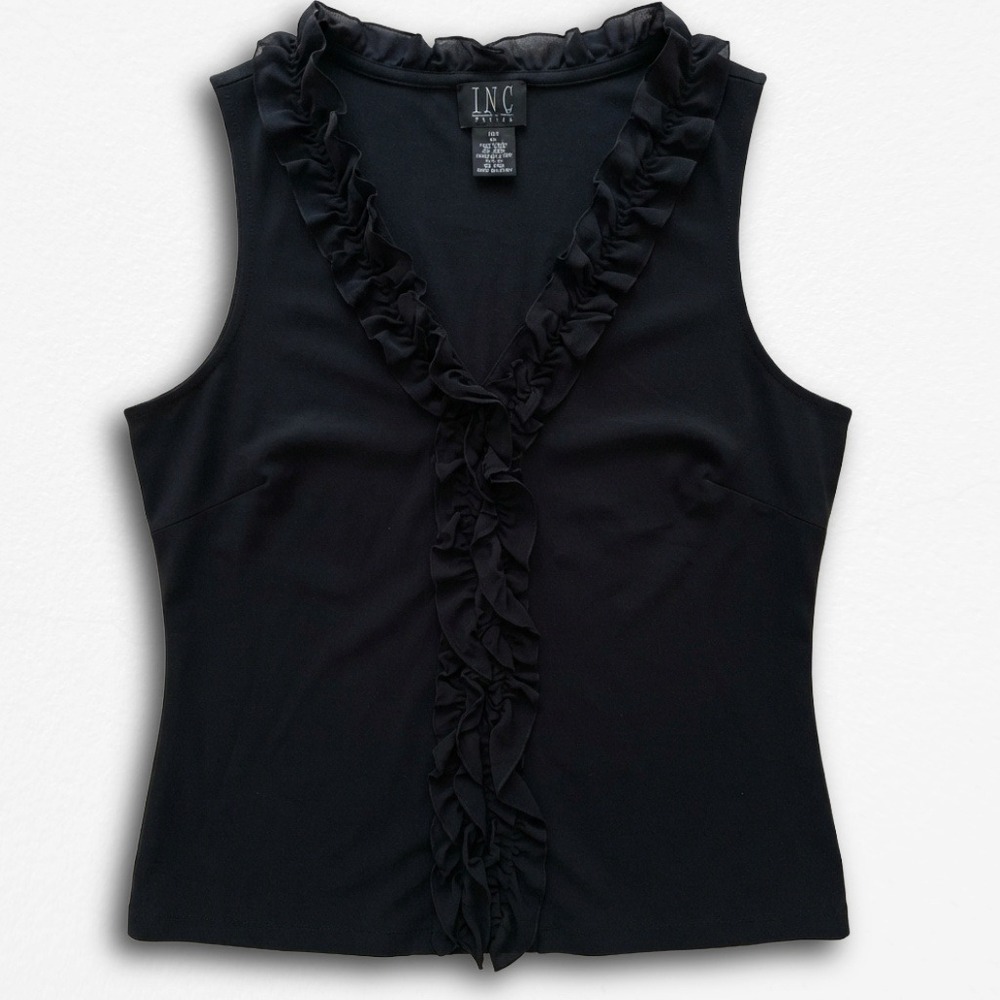 INC‎ International Concepts Black Ruffle V-Neck Sleeveless Top Vintage Y2K Large